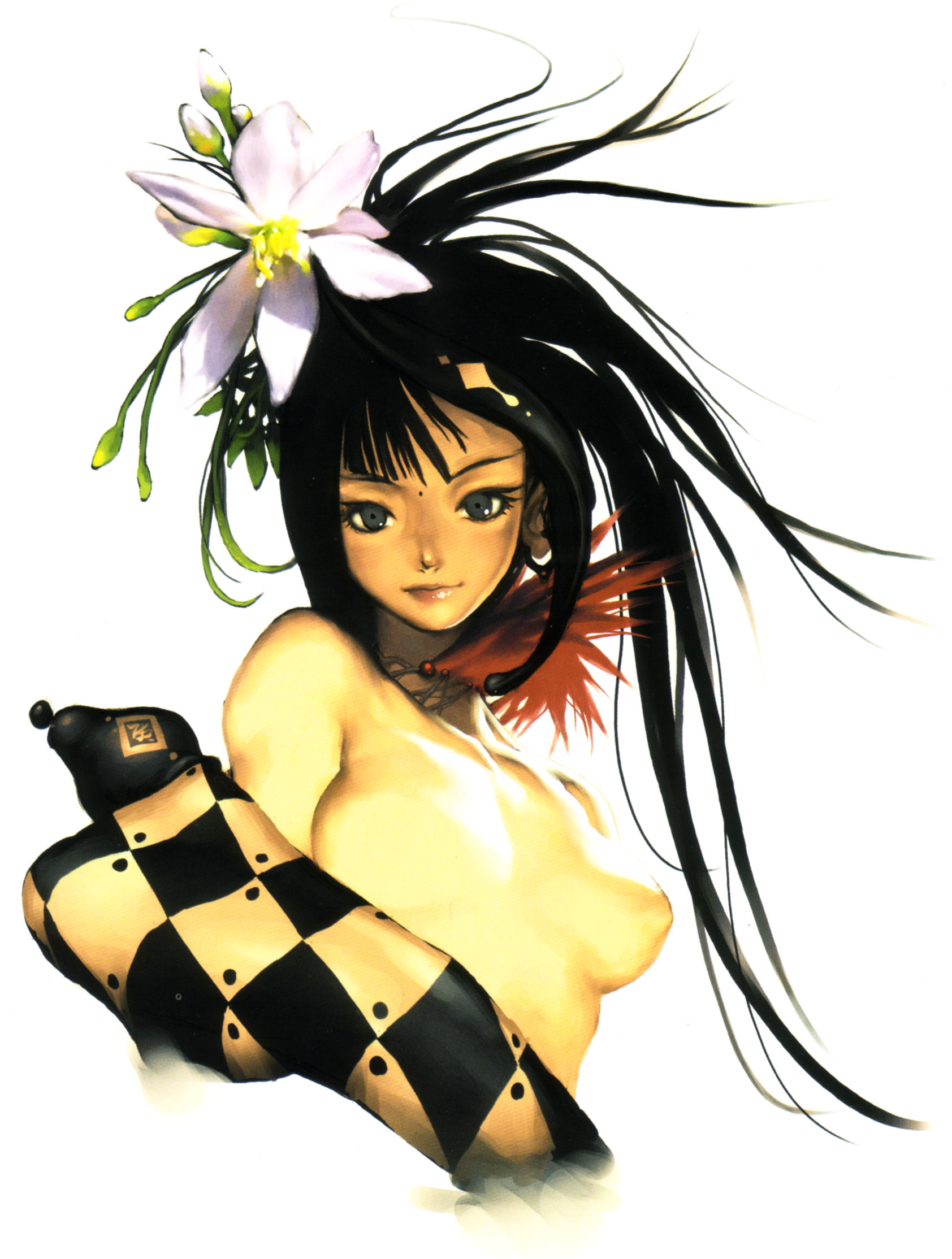kim hyung tae, oxide 2, topless, highres, scan, black hair, breasts, flower, long hair, upper body