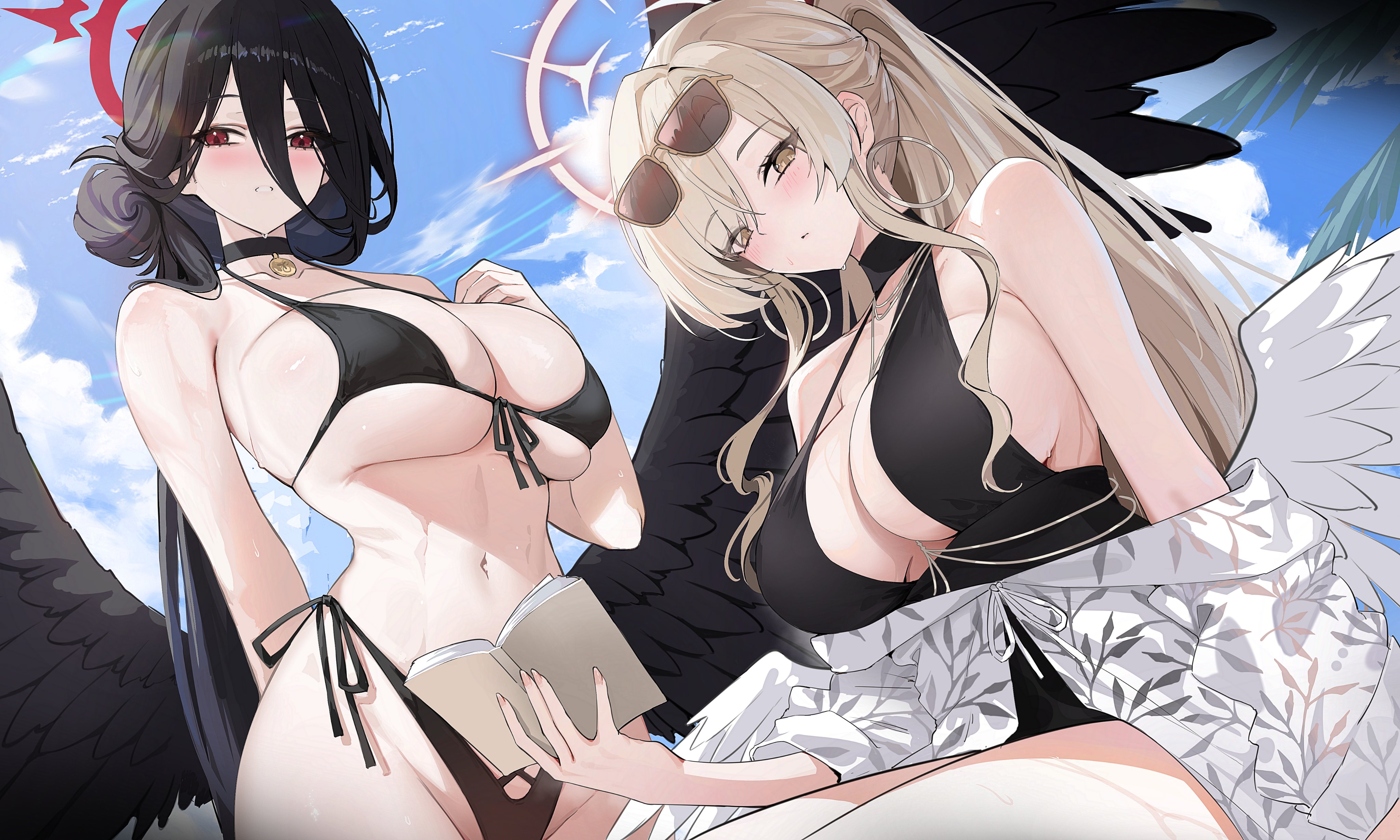 genera-x, hasumi (blue archive), hasumi (swimsuit) (blue archive), nagisa (blue archive), nagisa (swimsuit) (blue archive), blue archive, absurdres, hashtag-only commentary, highres, 2girls, aviator sunglasses, bikini, black bikini, black choker, black hair, black one-piece swimsuit, black wings, blush, book, breasts, brown-tinted eyewear, brown eyes, brown hair, choker, cleavage, closed mouth, earrings, eyewear on head, feathered wings, front-tie bikini top, front-tie top, hair bun, halo, halterneck, highleg, highleg bikini, holding, holding book, hoop earrings, huge breasts, jewelry, large breasts, long hair, looking at viewer, loosely tucked bangs, low wings, multiple girls, navel, official alternate costume, official alternate hairstyle, one-piece swimsuit, parted lips, pink halo, ponytail, red eyes, red halo, side-tie bikini bottom, single hair bun, stomach, sunglasses, sweat, swimsuit, teeth, tinted eyewear, very long hair, wet, white wings, wings