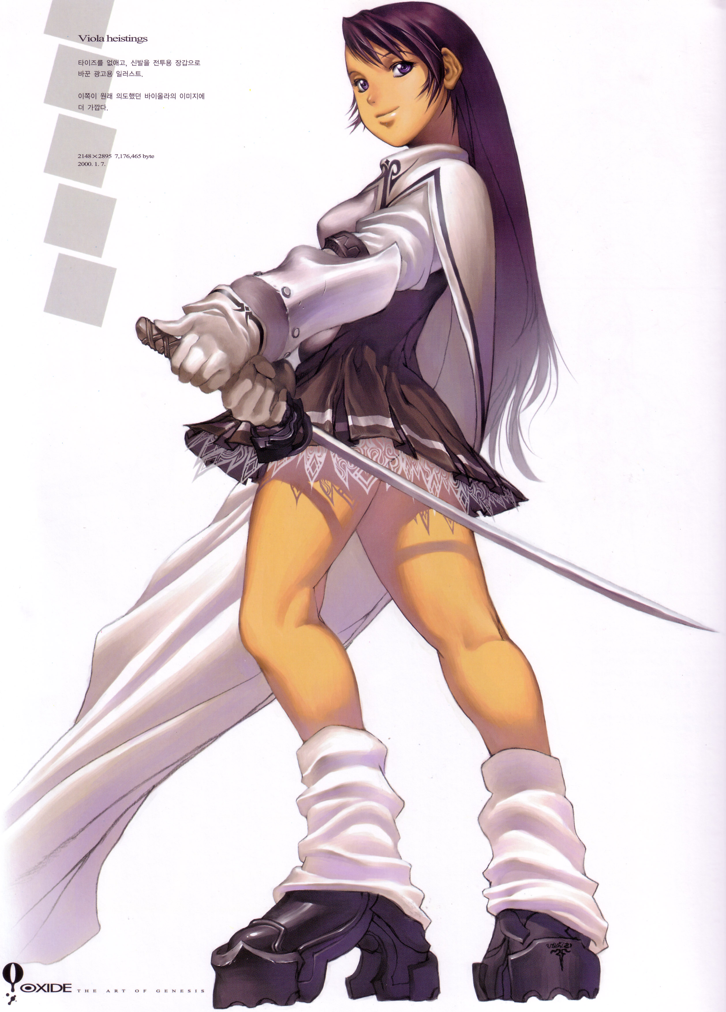 kim hyung tae, viola heistings, oxide, the war of genesis, the war of genesis iii, platform footwear, absurdres, highres, official art, scan, 1girl, armor, black hair, bracer, dress, female focus, from behind, full body, gloves, high heels, kneepits, korean text, lace, legs, long hair, looking back, loose socks, platform heels, platform shoes, pleated skirt, purple eyes, school uniform, shoes, short dress, simple background, skirt, smile, socks, solo, standing, sword, tan, weapon, white background