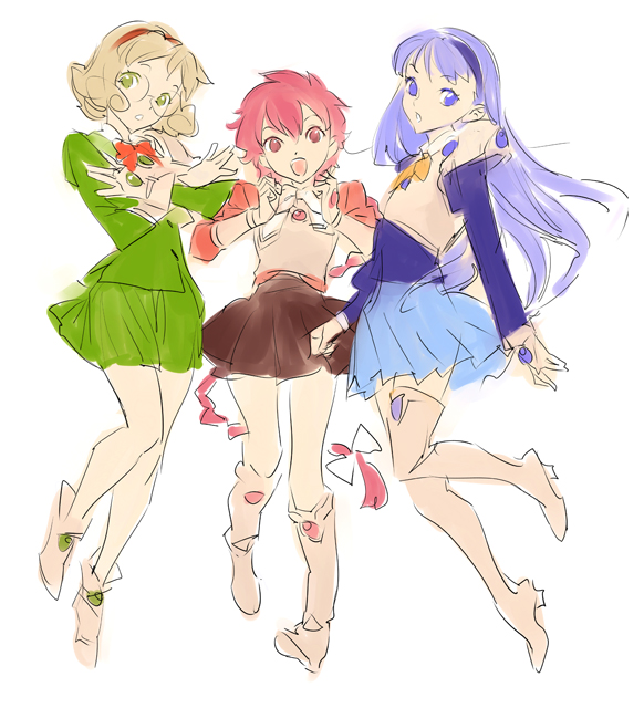 nishieda, hououji fuu, ryuuzaki umi, shidou hikaru, magic knight rayearth, bad id, bad pixiv id, 1990s (style), 3girls, armor, armored dress, blue hairband, blue skirt, boots, dress, glasses, green shirt, green skirt, hairband, knee boots, multiple girls, red hairband, retro artstyle, round eyewear, school uniform, serafuku, shirt, sketch, skirt, white background