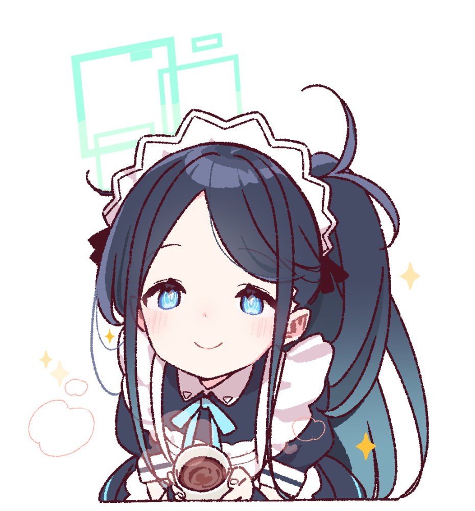 yoru nai, aris (blue archive), aris (maid) (blue archive), blue archive, commentary request, 1girl, apron, black hair, blue eyes, blue hair, blush, coffee mug, cup, green halo, halo, long hair, looking at viewer, maid apron, maid headdress, mug, official alternate costume, official alternate hairstyle, simple background, solo, very long hair, white background