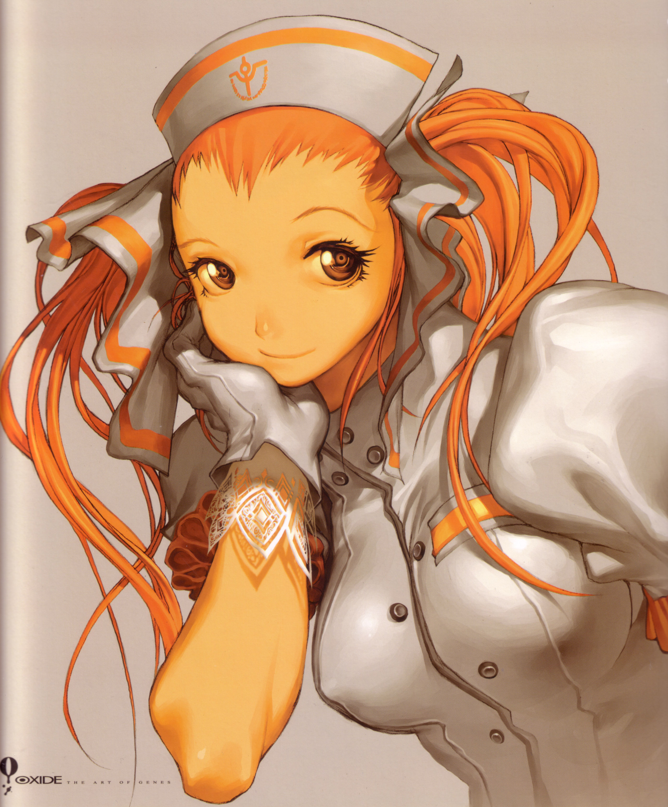 kim hyung tae, joan kartright, oxide, the war of genesis, the war of genesis iii, absurdres, highres, official art, scan, 1girl, breasts, brown eyes, buttons, female focus, gloves, grey background, hair ribbon, hat, head rest, lace, long hair, nurse, orange eyes, orange hair, ribbon, simple background, smile, solo, upper body