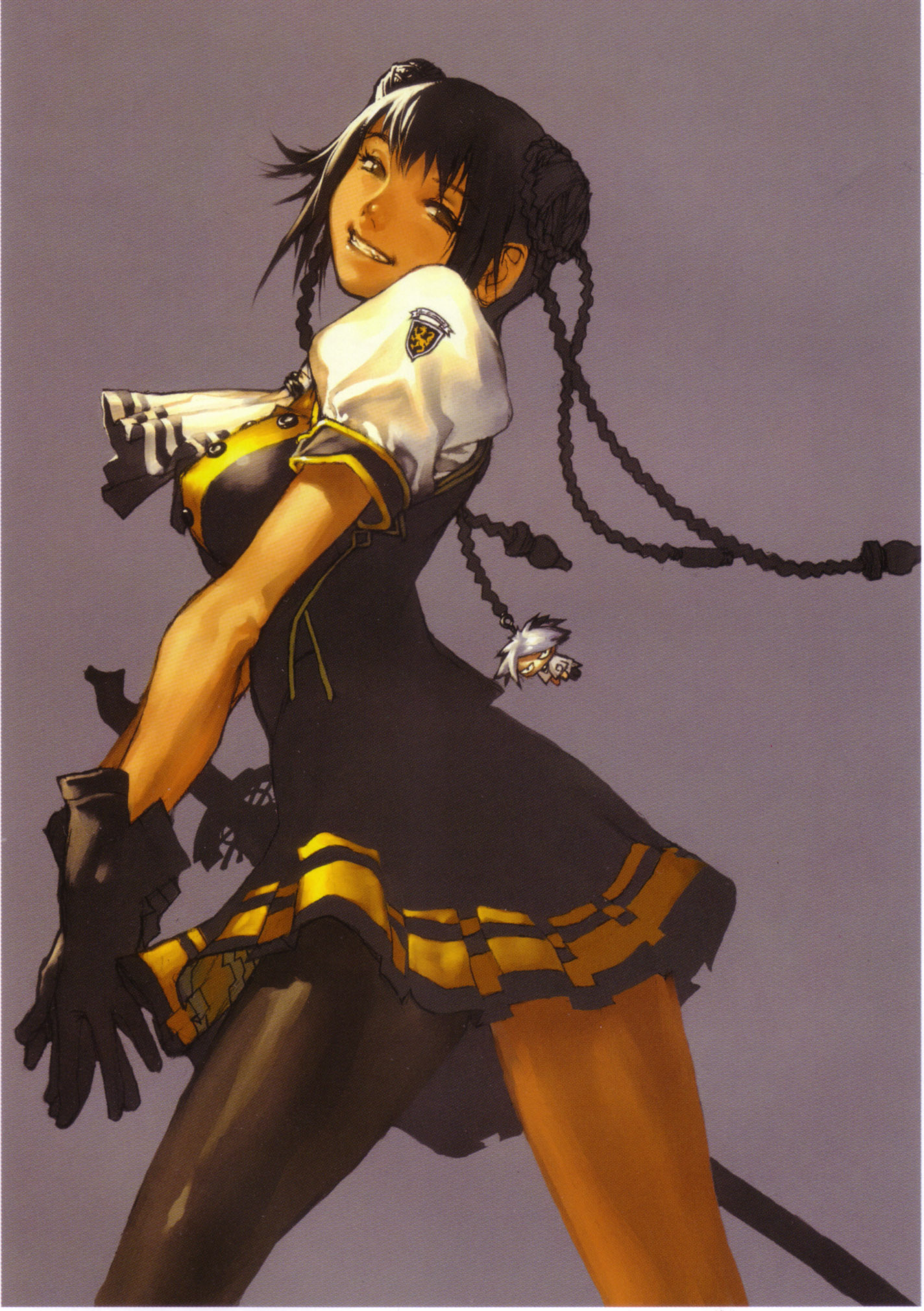 kim hyung tae, adora, calintz jerevinan, magna carta, magna carta: the phantom of avalanche, oxide 2, black legwear, highres, scan, asymmetrical clothes, black hair, braid, brown eyes, double bun, dress, gloves, grin, hair bun, long hair, pantyhose, single thighhigh, smile, thighhighs
