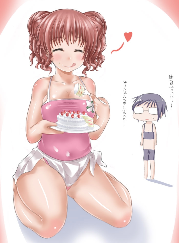 abubu, hiro (hidamari sketch), sae (hidamari sketch), hidamari sketch, translated, 00s, 2girls, bike shorts, breasts, brown hair, cake, cleavage, closed eyes, collarbone, eating, food, glasses, heart, large breasts, licking lips, multiple girls, pastry, plump, sitting, skirt, smile, sports bra, sweatdrop, thighs, tongue, tongue out, wariza