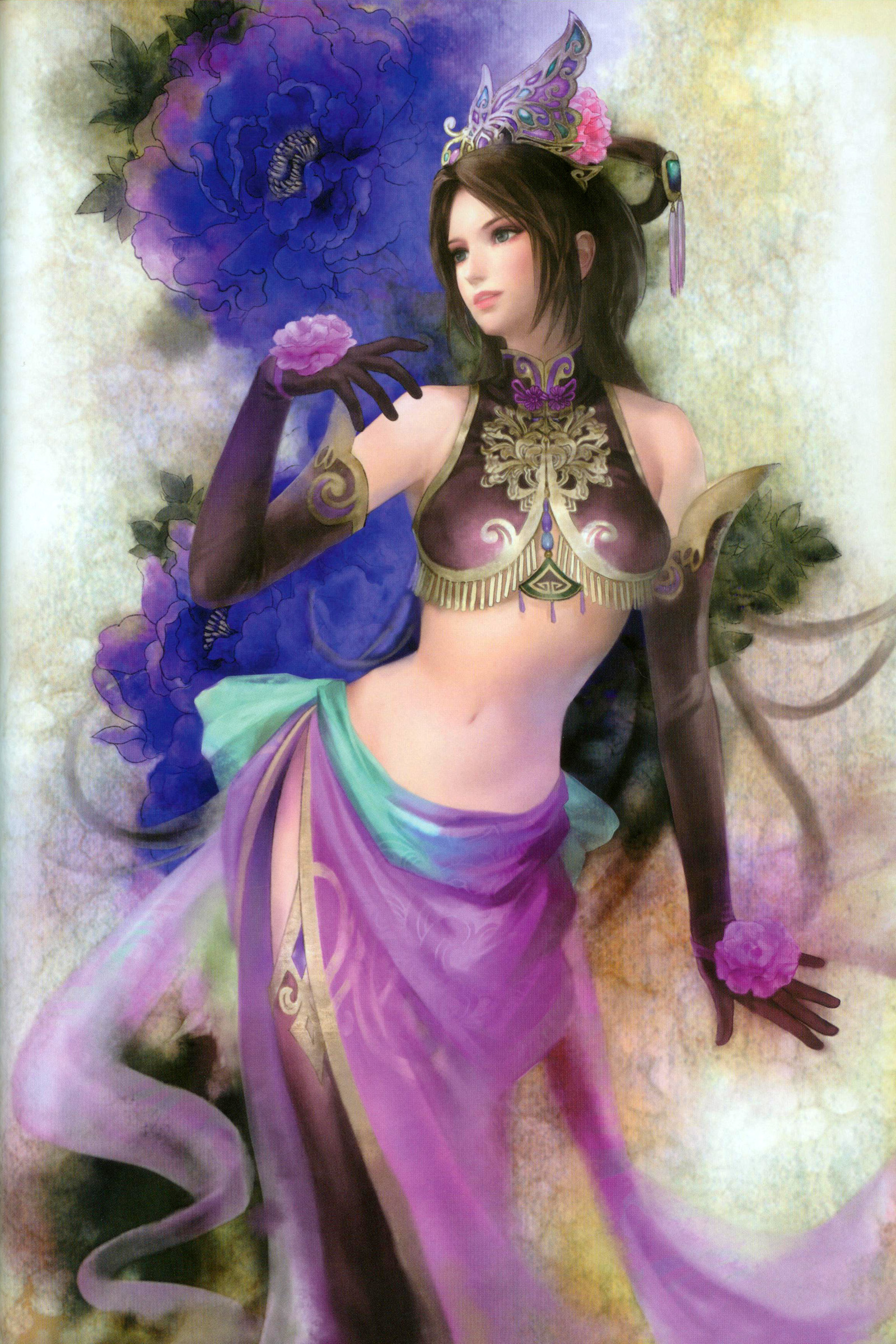 diao chan, shin sangoku musou, absurdres, highres, scan, 1girl, bare shoulders, black gloves, black hair, black thighhighs, blue eyes, brown hair, cowboy shot, crop top, elbow gloves, female focus, floral background, flower, gloves, hair flower, hair ornament, hair rings, long hair, looking to the side, midriff, navel, parted lips, pink lips, purple flower, purple rose, rose, sarong, sleeveless, solo, standing, stomach, thighhighs