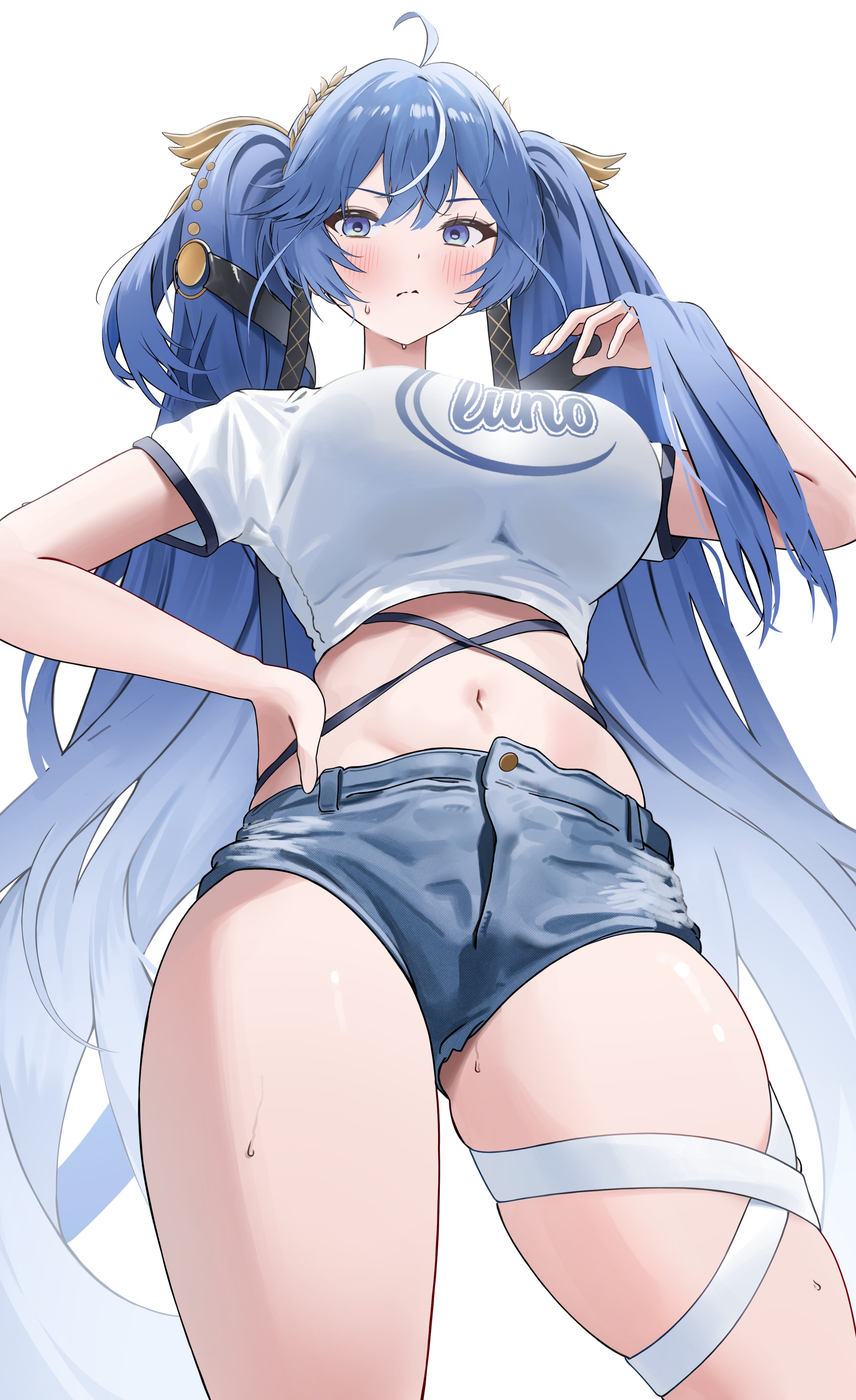iuno (wuthering waves), wuthering waves, absurdres, commentary, highres, symbol-only commentary, 1girl, ahoge, alternate costume, blue eyes, blue hair, blush, breasts, character name, closed mouth, clothes writing, crop top, cropped shirt, denim, denim shorts, east (east 0o0 ), from below, hair belt, hand on own hip, hand up, head wreath, large breasts, leg wrap, long hair, looking at viewer, looking down, midriff, multicolored hair, navel, shirt, short sleeves, shorts, simple background, solo, stomach, streaked hair, sweat, thighs, twintails, very long hair, white background, white shirt