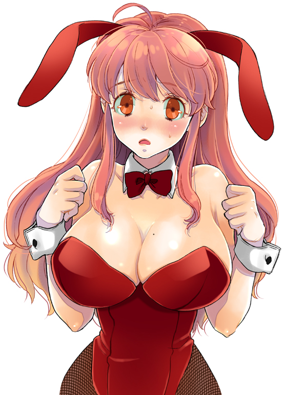 hachikou (hatty463), asahina mikuru, suzumiya haruhi no yuuutsu, 00s, 1girl, animal ears, bow, bowtie, breasts, brown hair, cleavage, detached collar, fake animal ears, female focus, fishnet pantyhose, fishnets, huge breasts, leotard, mole, mole on breast, pantyhose, playboy bunny, rabbit ears, red bow, red bowtie, red hair, solo, sweat
