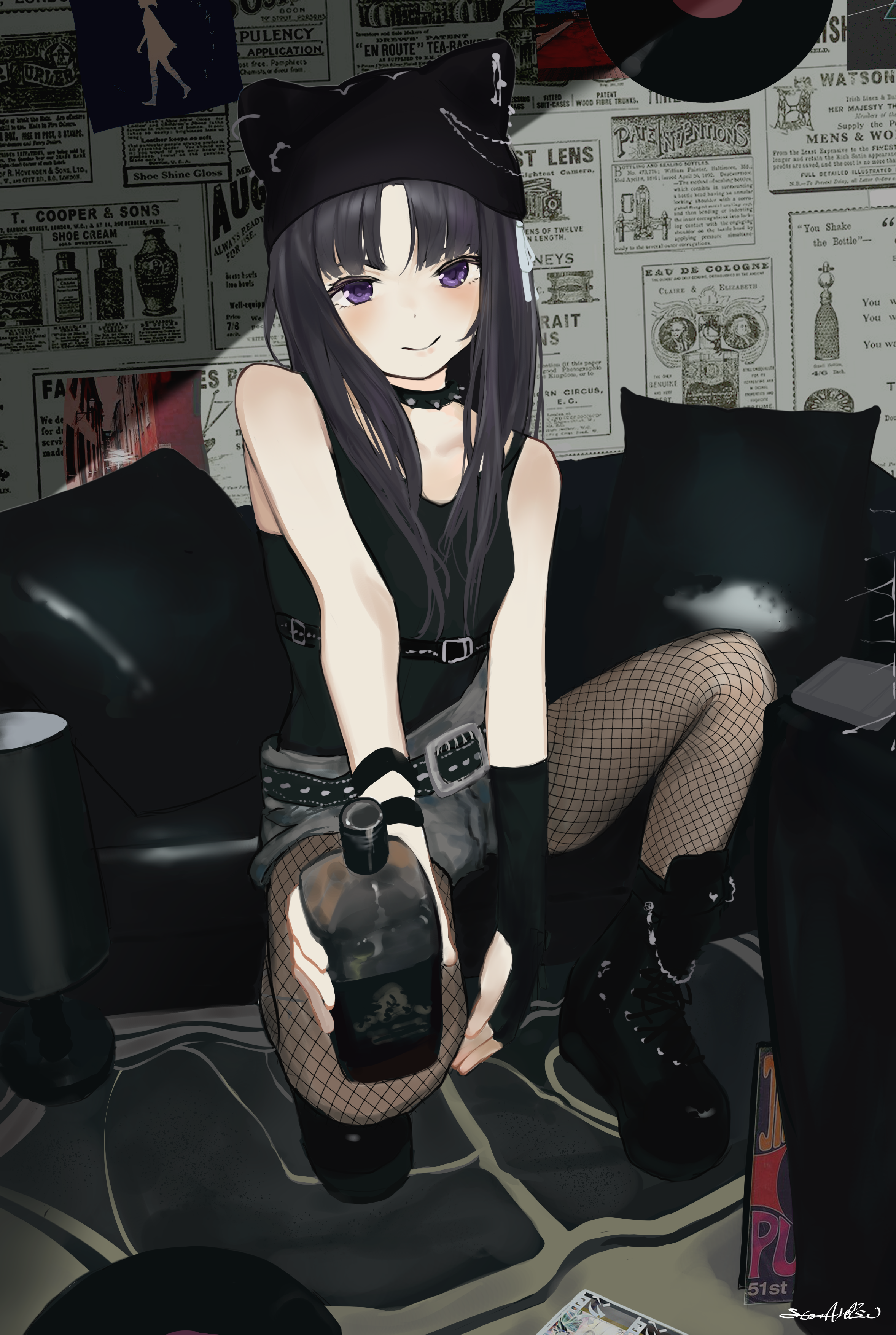 star anise, awa subaru, girls band cry, absurdres, highres, 1girl, animal hat, black hair, black shoes, black vest, blunt bangs, bottle, cat hat, couch, fishnet pantyhose, fishnets, hat, holding, holding bottle, looking at viewer, newspaper, pantyhose, parted bangs, purple eyes, shoes, short shorts, shorts, solo, vest