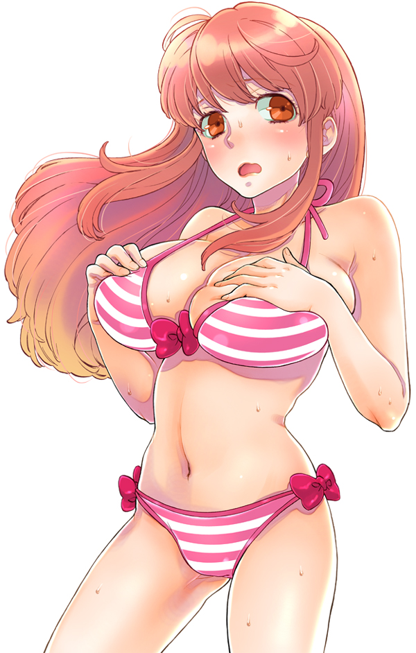 hachikou (hatty463), asahina mikuru, suzumiya haruhi no yuuutsu, 00s, bikini, blush, breast suppress, breasts, huge breasts, pink bikini, simple background, solo, striped bikini, striped clothes, sweat, swimsuit