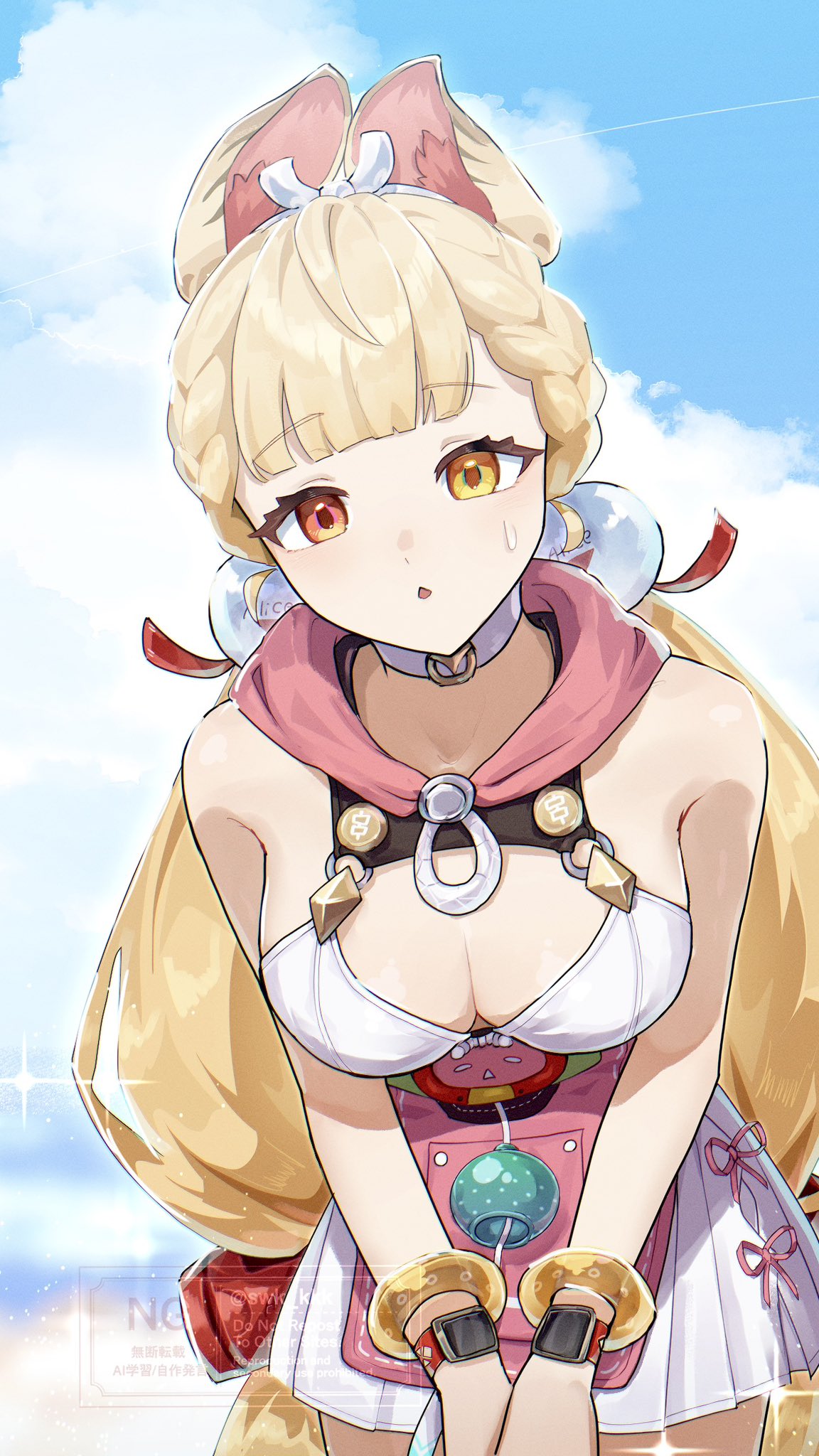 suwa (swk kkk), alice thymefield, alice thymefield (sea of thyme), zenless zone zero, highres, 1girl, animal ears, bare shoulders, belt, blonde hair, blue sky, blush, bracelet, breasts, choker, cleavage, dress swimsuit, hairband, heterochromia, jewelry, long hair, looking at viewer, low twintails, medium breasts, one-piece swimsuit, open mouth, orange eyes, pink one-piece swimsuit, rabbit ears, rabbit girl, sky, solo, sphere hair ornament, swimsuit, twintails, two-tone one-piece swimsuit, white one-piece swimsuit, yellow eyes