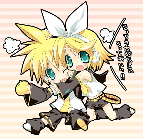 paco, kagamine len, kagamine rin, vocaloid, lowres, 1boy, 1girl, blonde hair, brother and sister, chibi, siblings, twins