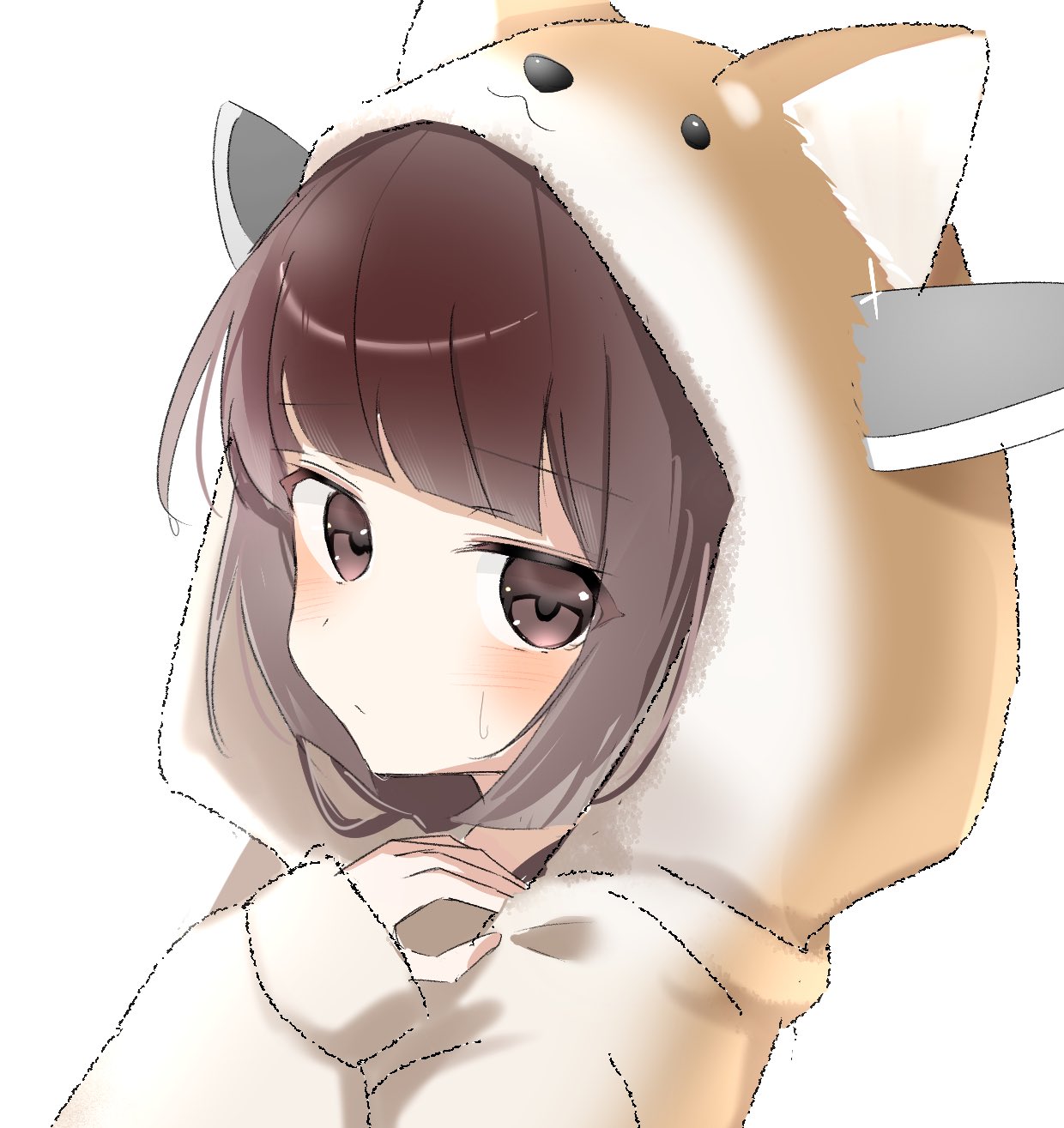 makaritall, touhoku kiritan, voiceroid, highres, 1girl, animal hood, blunt bangs, brown eyes, brown hair, brown pajamas, dog hood, headgear, hood, light blush, long sleeves, looking at viewer, pajamas, sidelocks, small sweatdrop, solo, upper body