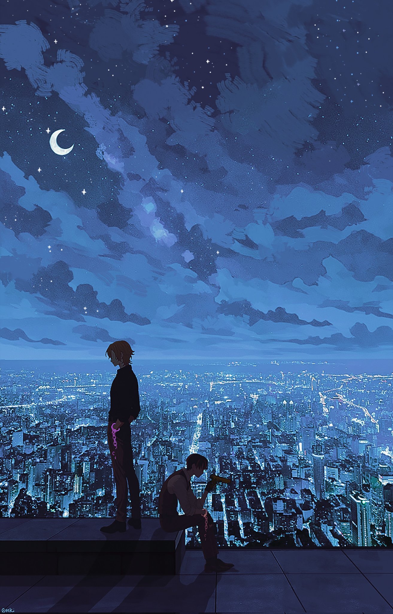 enki (enkiriin), chogakusei, luca kaneshiro, getcha! (vocaloid), indie utaite, nijisanji, nijisanji en, highres, 2boys, cityscape, cloud, crescent moon, cuffs, from side, full body, gun, handcuffs, holding, holding gun, holding weapon, male focus, moon, multiple boys, night, night sky, on rooftop, outdoors, rooftop, sitting, sky, skyline, standing, star (sky), tile floor, tiles, virtual youtuber, weapon