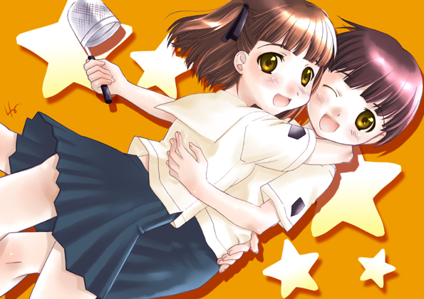 akizuki wataru, karamiti, aihara nana, satonaka narumi, kimi kiss, 2girls, ;d, black skirt, blunt bangs, brown hair, green eyes, hug, looking at viewer, multiple girls, one eye closed, open mouth, orange background, pleated skirt, school uniform, shirt, short hair, simple background, skirt, smile, white shirt, yuri