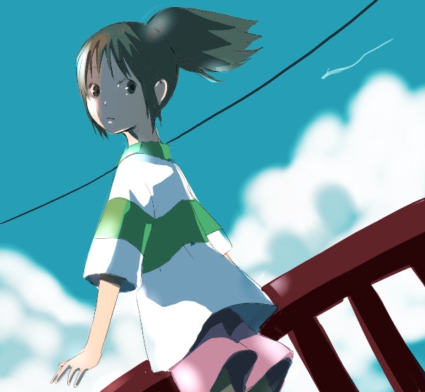taira tsukune, ogino chihiro, sen to chihiro no kamikakushi, studio ghibli, 00s, 1girl, :o, blue sky, child, cloud, cowboy shot, day, dutch angle, female focus, from behind, looking at viewer, looking back, open mouth, outdoors, ponytail, power lines, railing, shirt, short sleeves, side ponytail, sky, solo, standing, t-shirt