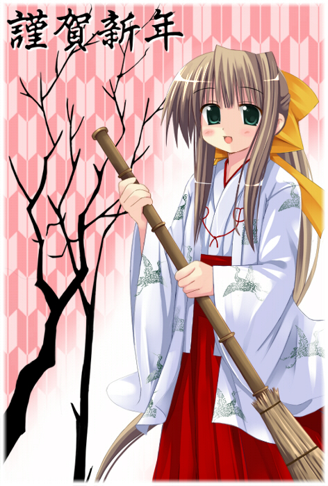 original, 1girl, bamboo broom, bird, branch, broom, crane (animal), female focus, hakama, hakama skirt, japanese clothes, miko, red hakama, skirt, solo, yagasuri