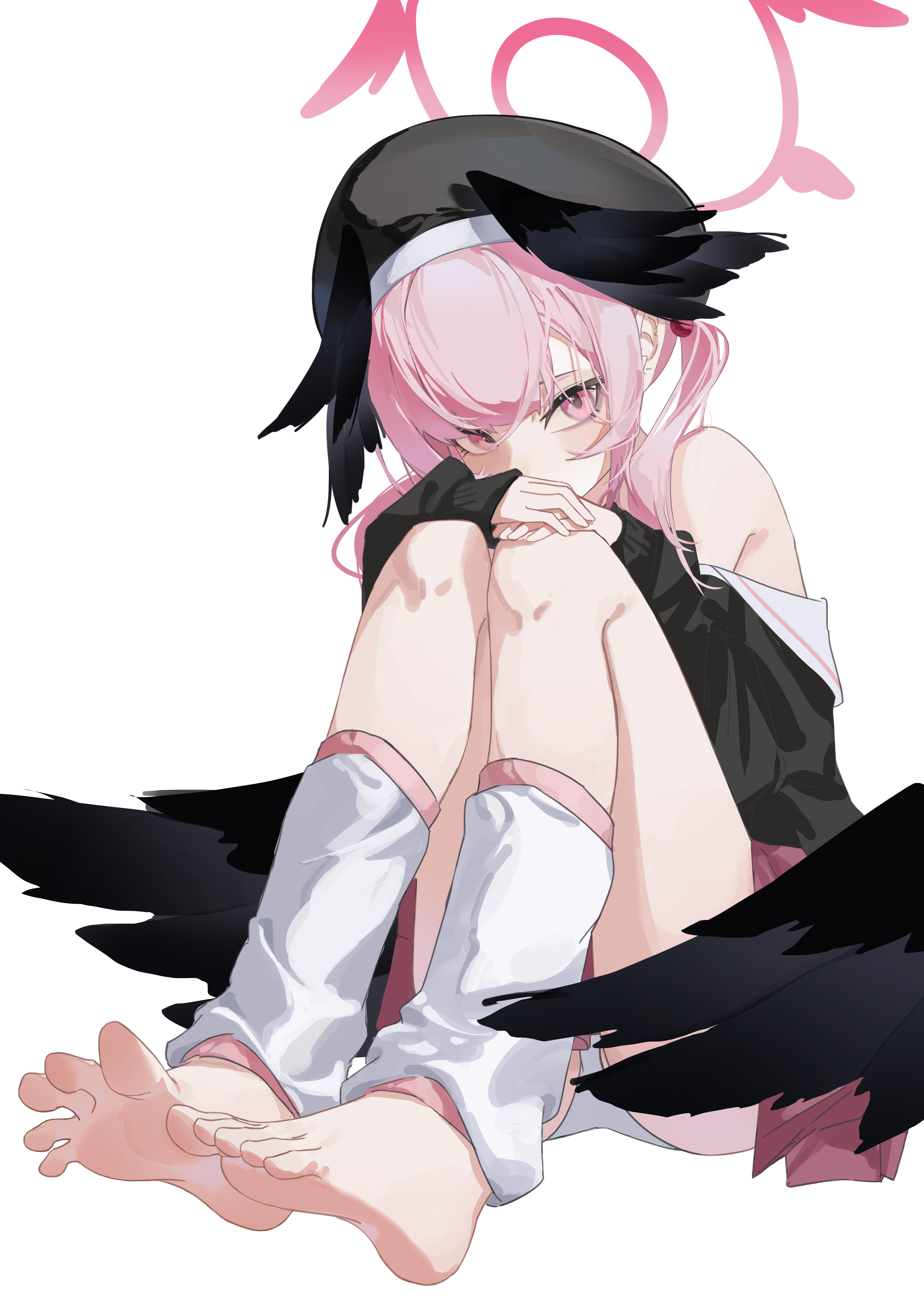 macha bafei, koharu (blue archive), blue archive, absurdres, highres, 1girl, barefoot, black wings, feet, hat, head wings, leg warmers, long hair, looking at viewer, panties, pantyshot, pink eyes, pink hair, soles, toes, twintails, underwear, wings