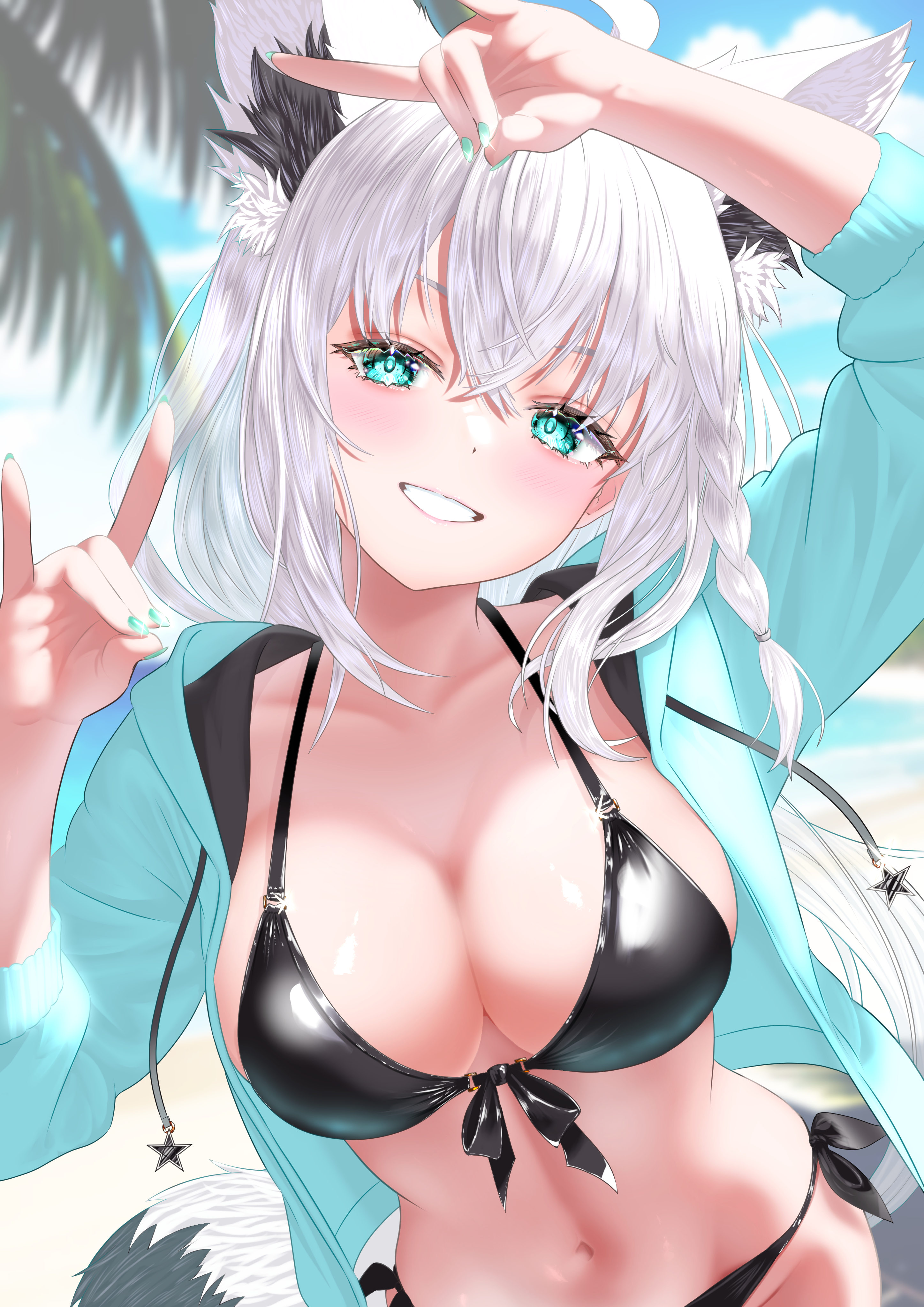 nanaki24, shirakami fubuki, hololive, absurdres, highres, revision, 1girl, ahoge, animal ears, aqua eyes, aqua jacket, arm up, bikini, black bikini, braid, breasts, cleavage, double fox shadow puppet, drawstring, fox ears, fox shadow puppet, fox tail, front-tie bikini top, front-tie top, grin, halterneck, hand up, jacket, large breasts, long hair, long sleeves, looking at viewer, navel, open clothes, open jacket, side-tie bikini bottom, smile, solo, stomach, string bikini, swimsuit, tail, virtual youtuber, white hair