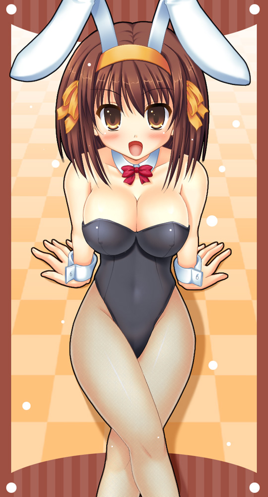 uehiro, suzumiya haruhi, suzumiya haruhi no yuuutsu, 00s, 1girl, animal ears, breasts, fake animal ears, female focus, fishnet pantyhose, fishnets, large breasts, leotard, pantyhose, playboy bunny, rabbit ears, solo