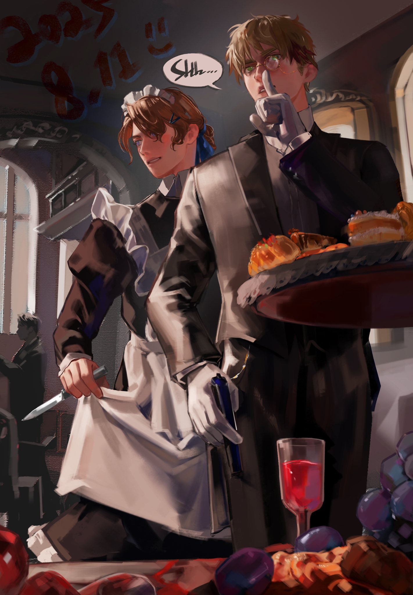 france (hetalia), united kingdom (hetalia), axis powers hetalia, highres, 3boys, alternate costume, apron, black dress, black jacket, black suit, blonde hair, butler, crossdressing, crossdressing (mtf), cup, dated, dress, drinking glass, english text, enmaided, finger to mouth, food, formal clothes, frilled apron, frills, gloves, green eyes, hair ornament, hair ribbon, hairclip, holding, holding knife, horsemynewhorse, index finger raised, indoors, jacket, juliet sleeves, knife, long sleeves, looking at viewer, maid, maid apron, maid headdress, male focus, male maid, monocle, monocle chain, multiple boys, open mouth, ponytail, puffy sleeves, purple eyes, ribbon, shirt, short hair, shushing, skirt hold, smile, speech bubble, suit, thick eyebrows, white apron, white gloves, wine glass