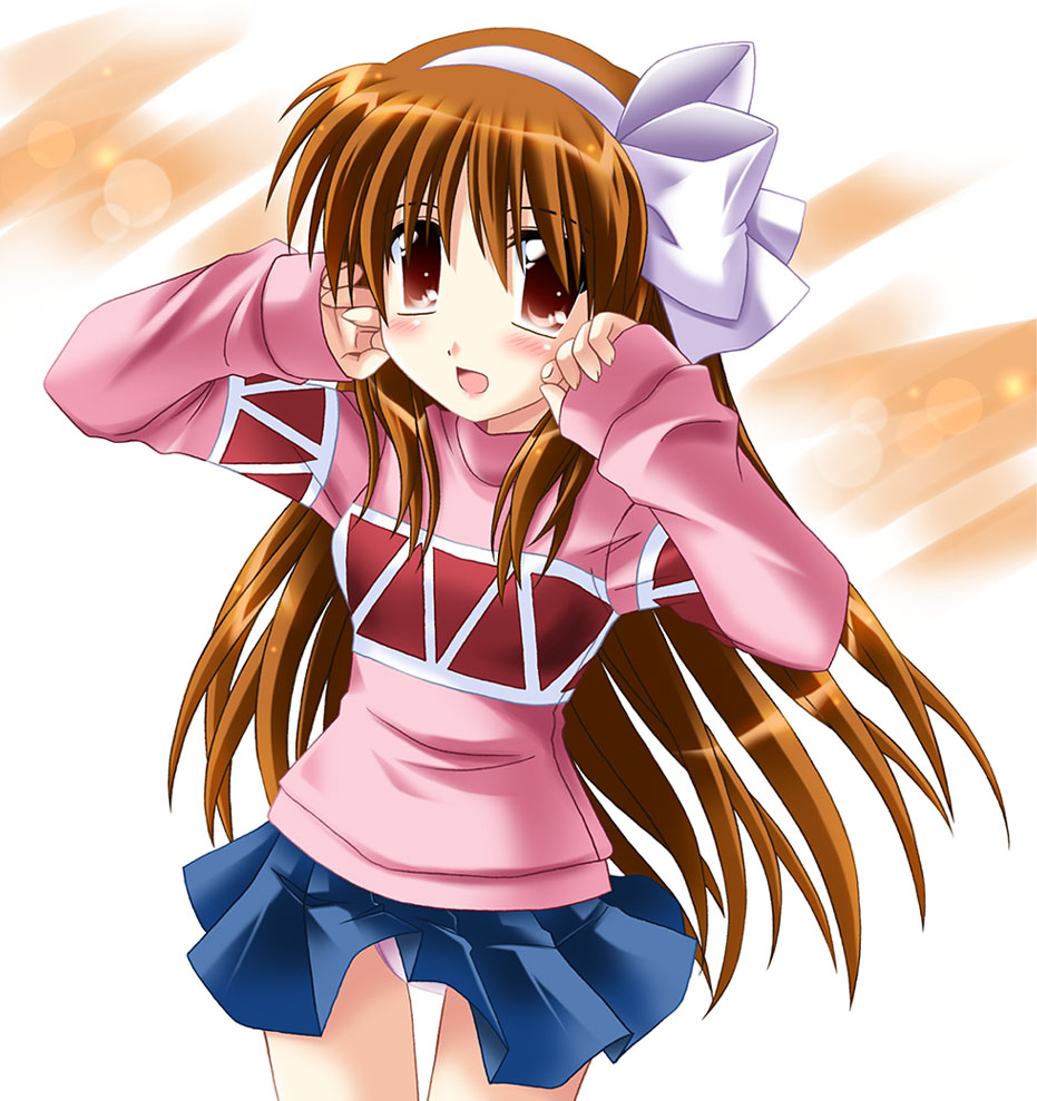 otoki raku, tsukimiya ayu, kanon, 1girl, :o, blue skirt, blush, bow, brown eyes, brown hair, cowboy shot, crying, female focus, hair bow, long hair, long sleeves, looking at viewer, open mouth, panties, pantyshot, pink panties, red eyes, skirt, solo, standing, sweater, tears, thigh gap, underwear, very long hair