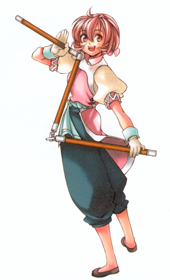 nanami (suikoden), gensou suikoden, gensou suikoden ii, 1girl, brown hair, female focus, short hair, smile, solo, three section staff, weapon