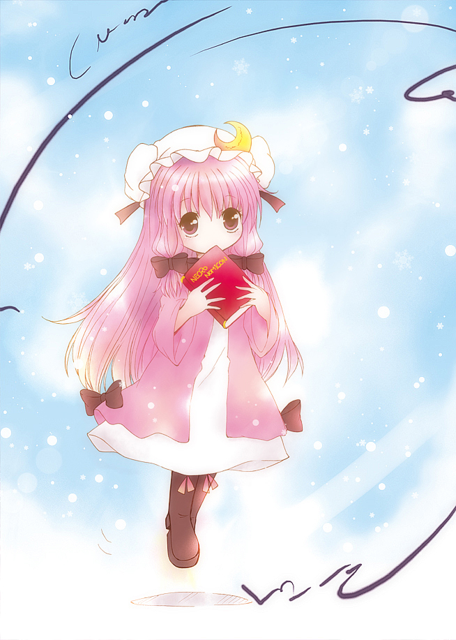 catbell, patchouli knowledge, necronomicon, touhou, 1girl, book, dress, female focus, gradient background, hat, long hair, purple hair, solo, white background