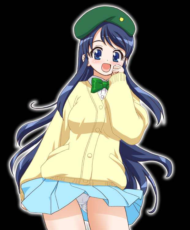 gambler club, umegae naomi, zettai karen children, 00s, 1girl, aged down, black background, bow, cowboy shot, female focus, green hat, hat, panties, pantyshot, simple background, skirt, solo, standing, sweater, underwear