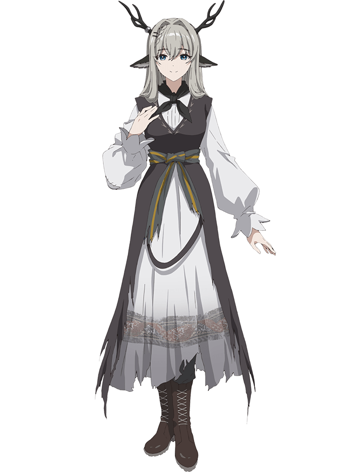 takafuji aya, alina (arknights), arknights, official art, 1girl, animal ears, anime coloring, antlers, black horns, black scarf, blue eyes, boots, brown boots, closed mouth, crossed bangs, deer antlers, deer ears, deer girl, dress, full body, grey hair, grey pants, grey sash, hair intakes, hair ornament, hairclip, hand on own chest, hand up, horns, long hair, long sleeves, looking at viewer, open hands, pants, scarf, simple background, smile, solo, standing, tachi-e, torn clothes, torn dress, transparent background