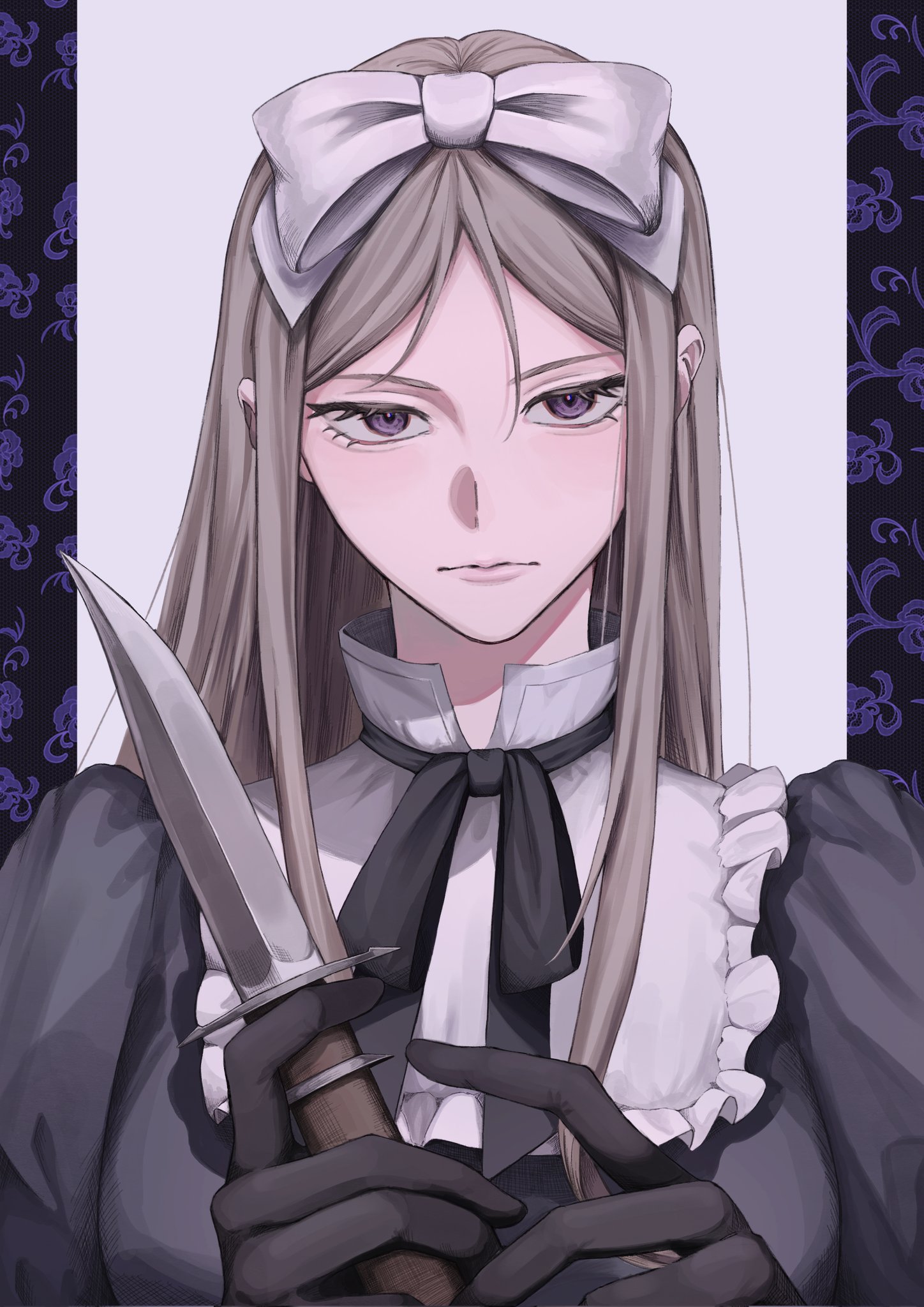 muyuu 08, belarus (hetalia), axis powers hetalia, highres, 1girl, black gloves, bow, gloves, grey hair, hair bow, holding, holding knife, knife, long hair, looking at viewer, neck ribbon, purple eyes, ribbon, shirt, solo, upper body