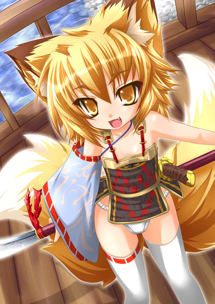 kazami karasu, original, 1girl, animal ear fluff, animal ears, blonde hair, blush, female focus, fox ears, fox tail, fundoshi, japanese clothes, looking at viewer, multiple tails, short hair, smile, solo, sword, tail, thighhighs, weapon, yellow eyes
