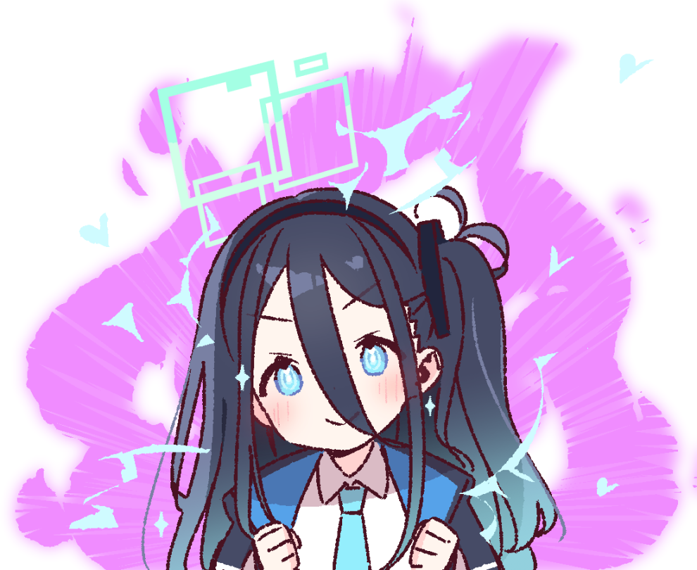 yoru nai, aris (blue archive), blue archive, commentary request, 1girl, black hair, blue eyes, blue necktie, blush, clenched hands, closed mouth, collared shirt, double-parted bangs, green halo, hair between eyes, halo, hands up, long hair, long hair between eyes, looking at viewer, necktie, purple background, rectangular halo, shirt, smile, solo, upper body, v-shaped eyebrows, white shirt