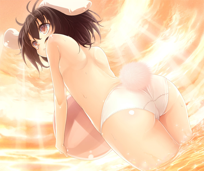 buriki, inaba tewi, touhou, 1girl, :<, animal ears, ass, ball, beachball, brown hair, female focus, flat chest, from below, holding, light rays, panties, partially submerged, rabbit ears, rabbit girl, rabbit tail, red eyes, solo, standing, sunbeam, sunlight, tail, topless female, underwear, wading, water, white panties