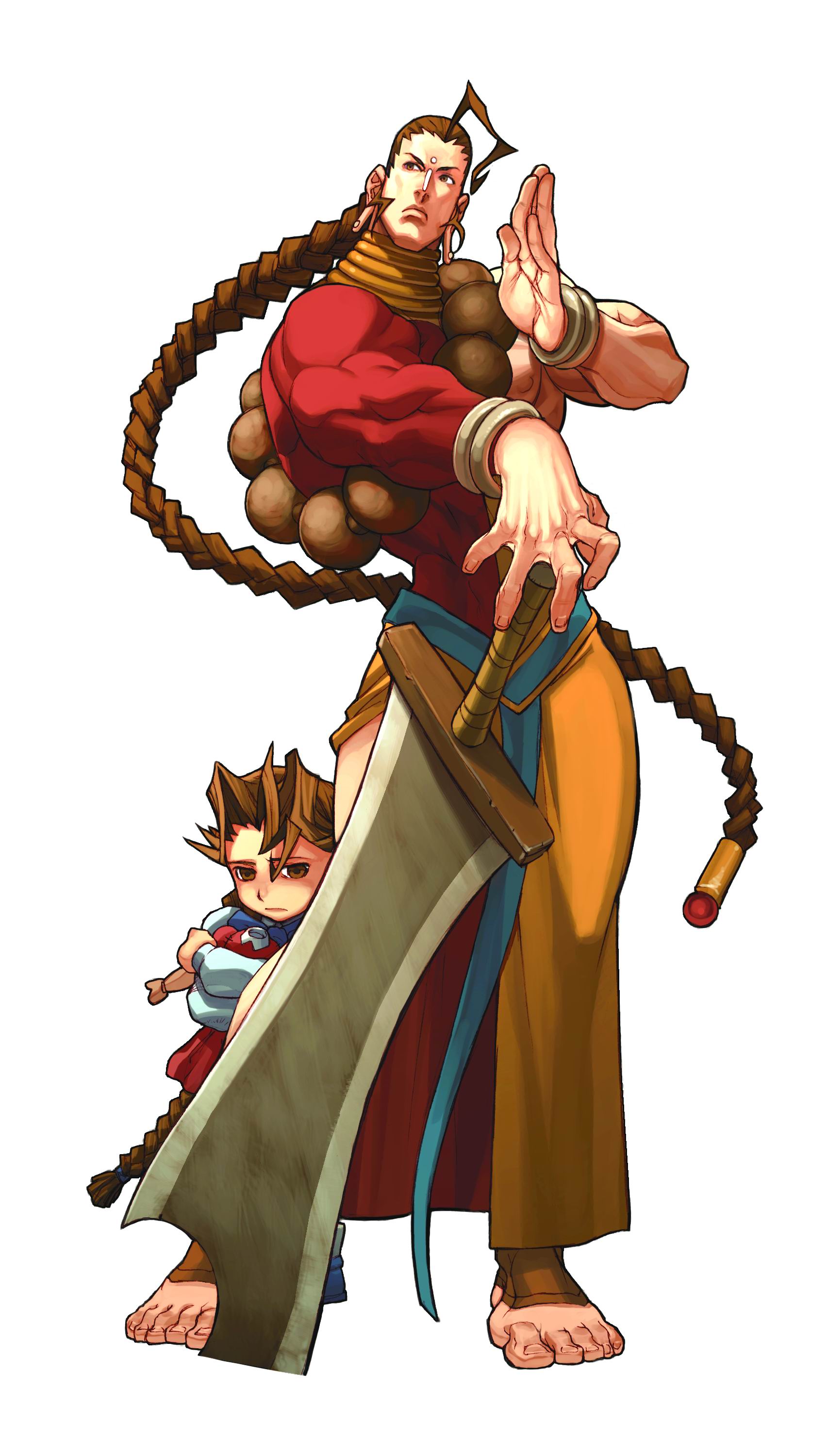 arnold tsang, udon entertainment, anita (darkstalkers), donovan baine, capcom, darkstalkers, vampire chronicle, looking away, absurdres, highres, official art, 1boy, 1girl, age difference, ahoge, asymmetrical clothes, bare legs, bare shoulders, barefoot, beads, bow, bowtie, bracelet, braid, brown eyes, brown hair, child, doll, earlobes, earrings, facial mark, feet, forehead mark, hair ornament, hand on hilt, headless, hugging doll, hugging object, jewelry, long earlobes, long hair, looking at viewer, muscular, neck ring, sash, scrunchie, shoes, sidelocks, simple background, single braid, socks, standing, sword, very long hair, weapon, white background