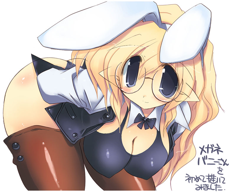 sakaki (noi-gren), original, 1girl, arms behind back, bent over, blonde hair, breasts, buttons, cleavage, female focus, glasses, hanging breasts, large breasts, long hair, pointy ears, rabbit girl, solo, thighhighs