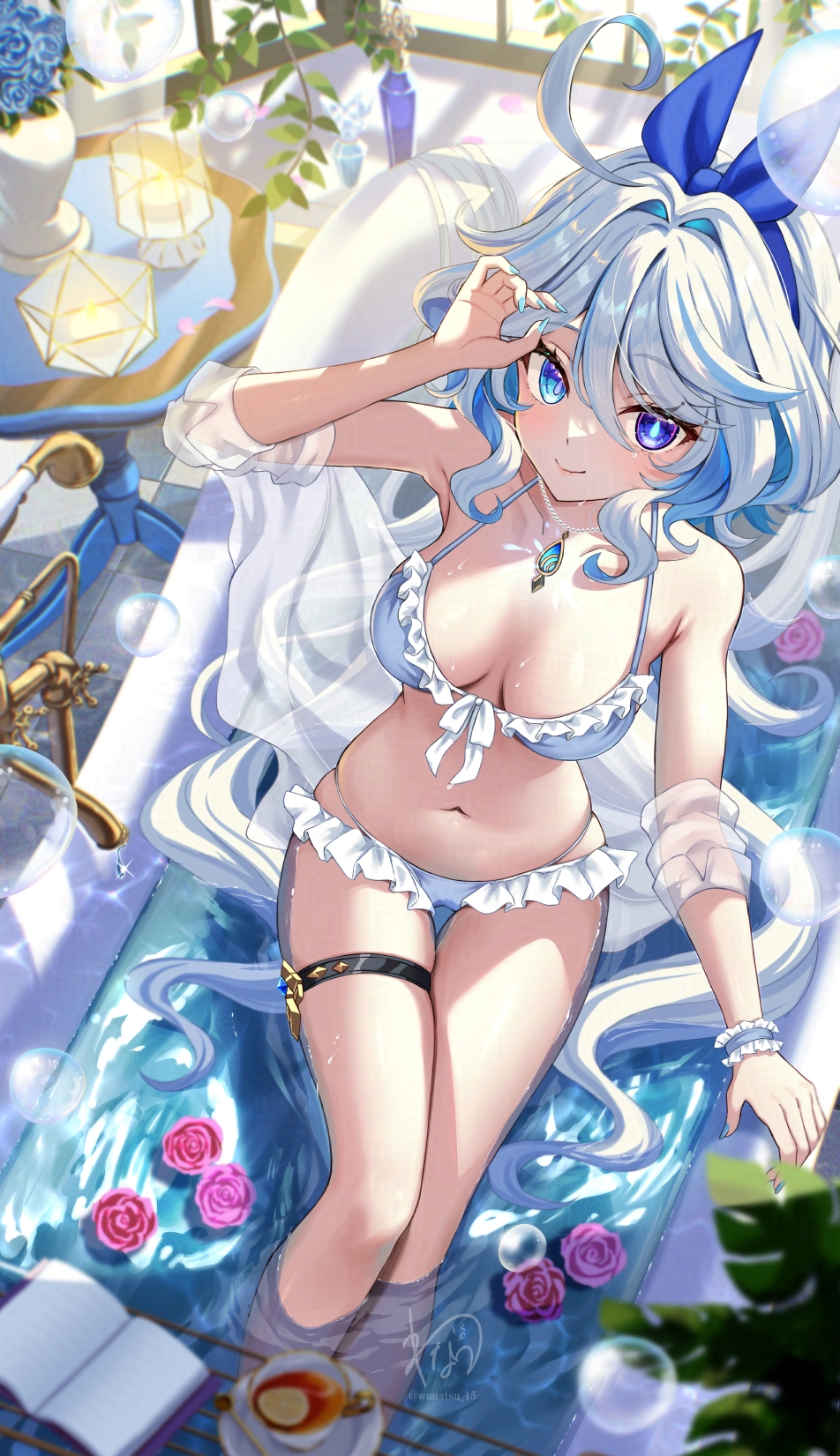 wanatsu 15, furina (genshin impact), genshin impact, highres, 1girl, bathroom, bikini, blue hair, blue hairband, blue nails, breasts, day, drop-shaped pupils, flower, frilled bikini, frills, hairband, in bathtub, jewelry, long hair, looking at viewer, medium breasts, multicolored hair, necklace, partially submerged, rose, see-through clothes, see-through shirt, shirt, smile, solo, streaked hair, swimsuit, symbol-shaped pupils, thigh strap, very long hair, wet, white bikini, white hair, white shirt