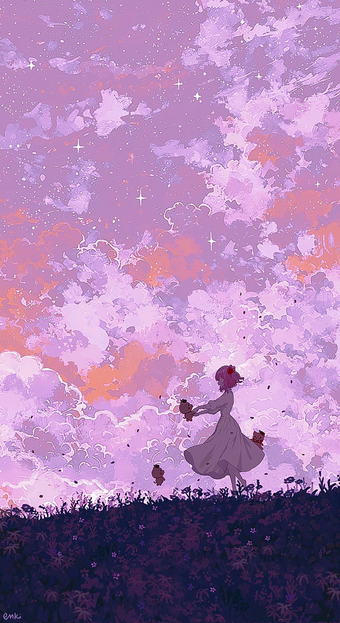 enki (enkiriin), rosebud (rosemi lovelock), rosemi lovelock, nijisanji, nijisanji en, commentary, english commentary, highres, 1girl, alternate costume, cloud, dress, from side, full body, grass, long sleeves, no shoes, outstretched arms, pink hair, pink sky, short hair, sky, solo, star (sky), white dress