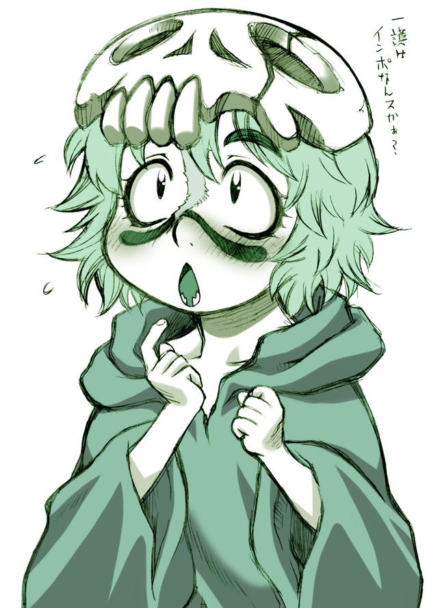 nakagami takashi, nelliel tu odelschwanck, bleach, translation request, 00s, 1girl, :o, aged down, arrancar, blush, child, facial mark, female focus, green theme, monochrome, open mouth, pointing, robe, scar, scar on face, scar on nose, short hair, sketch, skull, solo, surprised, sweatdrop, teeth, upper body
