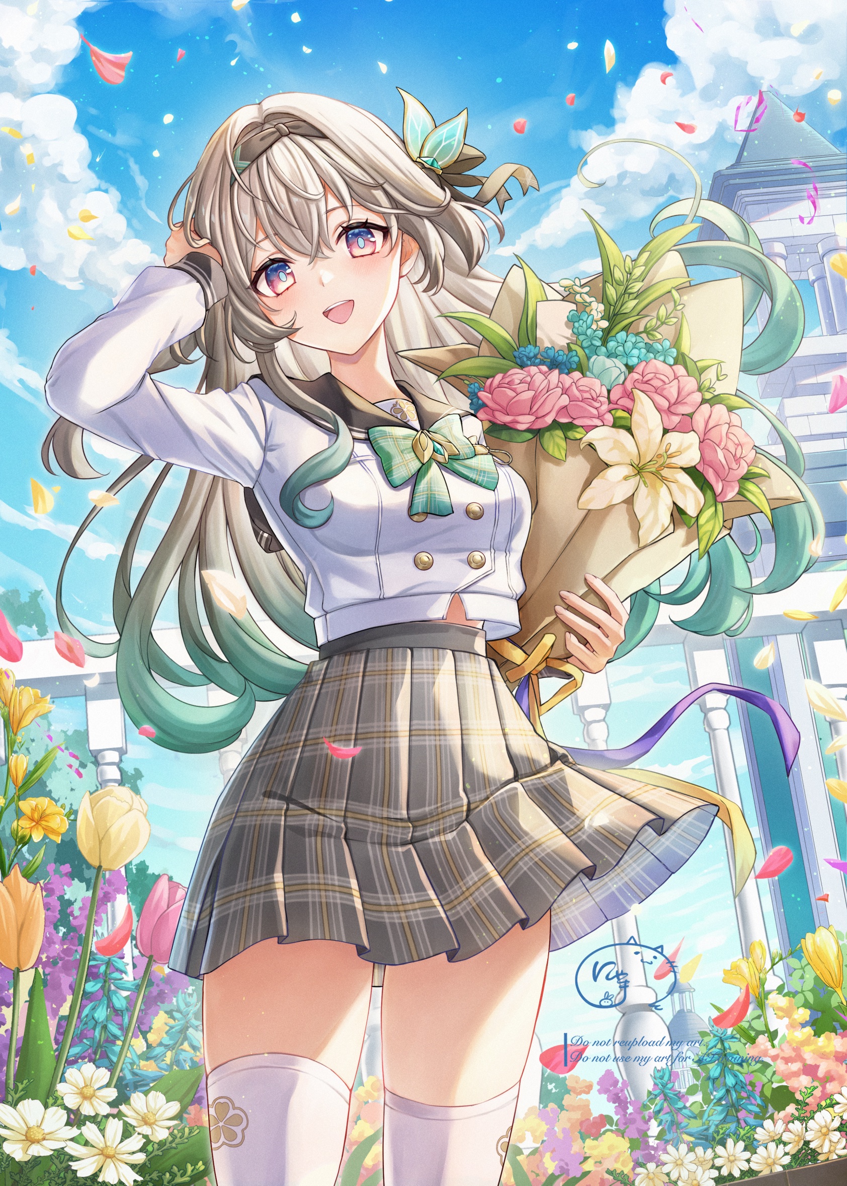nyamaso, firefly (honkai: star rail), firefly (spring missive) (honkai: star rail), honkai: star rail, honkai (series), highres, 1girl, black hairband, black sailor collar, blue sky, bouquet, bow, bowtie, cloud, floating hair, flower, green bow, green bowtie, grey hair, grey skirt, hairband, holding, holding bouquet, long hair, long sleeves, looking at viewer, multicolored eyes, official alternate costume, open mouth, outdoors, sailor collar, school uniform, shirt, skirt, sky, smile, solo, thighhighs, white shirt, white thighhighs, zettai ryouiki
