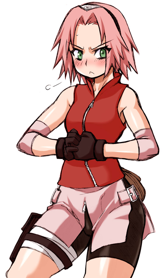 nakagami takashi, haruno sakura, naruto (classic), naruto (series), naruto shippuuden, 1girl, arm warmers, bag, bandages, bare shoulders, bike shorts, black gloves, blush, breasts, cowboy shot, female focus, frown, gloves, green eyes, headband, headdress, holster, konohagakure symbol, looking to the side, miniskirt, own hands together, pink hair, pink skirt, red shirt, shirt, short hair, shorts, shorts under skirt, side slit, simple background, skin tight, skirt, sleeveless, sleeveless shirt, small breasts, solo, spandex, thigh holster, thigh strap, white background, zipper