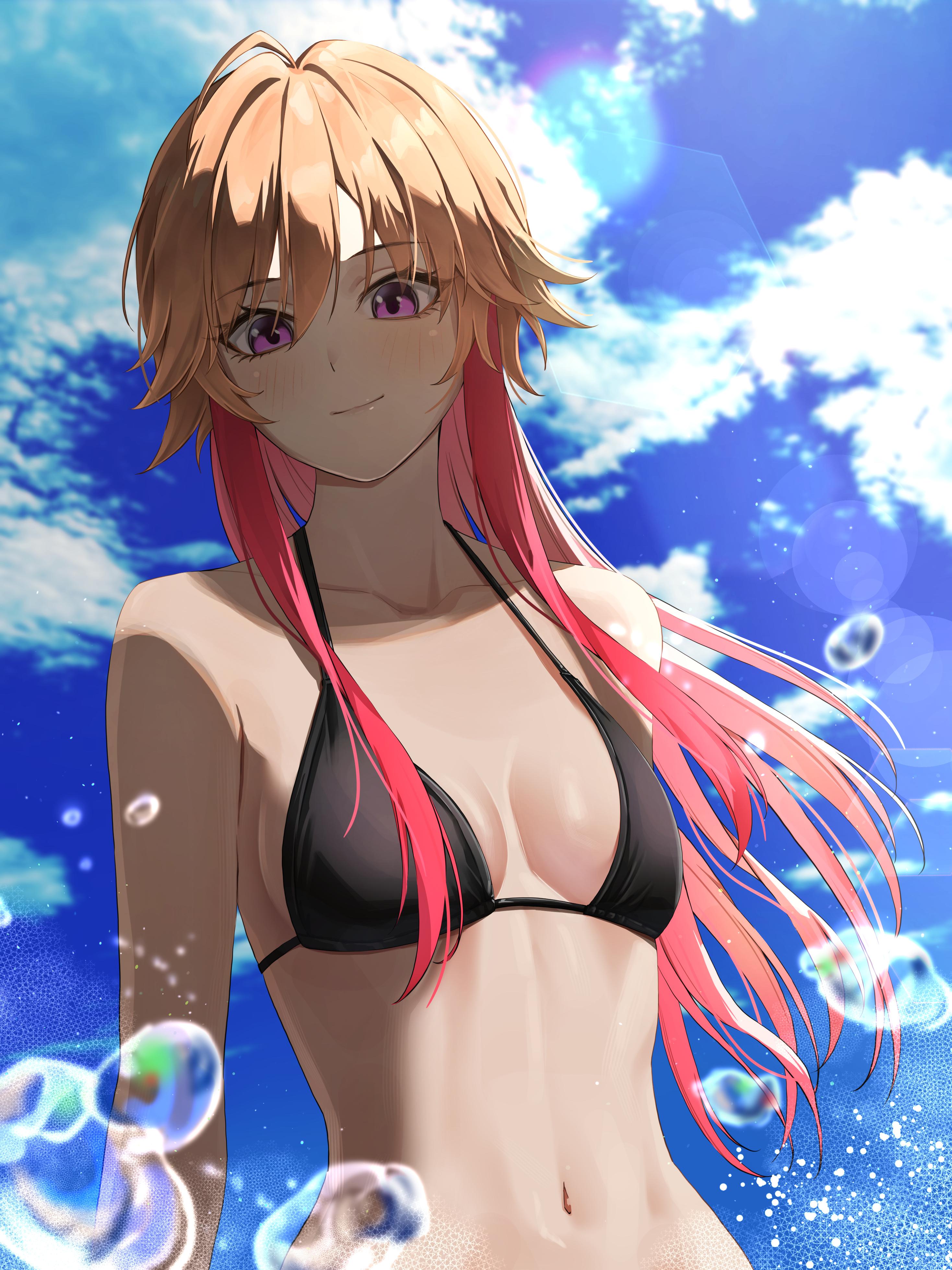 daiko (dai1974910), ninomiya asuka, idolmaster, idolmaster cinderella girls, absurdres, highres, 1girl, blush, breasts, breasts apart, brown hair, flower, hair flaps, linea alba, long hair, looking at viewer, medium breasts, navel, outdoors, pink eyes, pink hair, smile, solo, upper body, very long hair