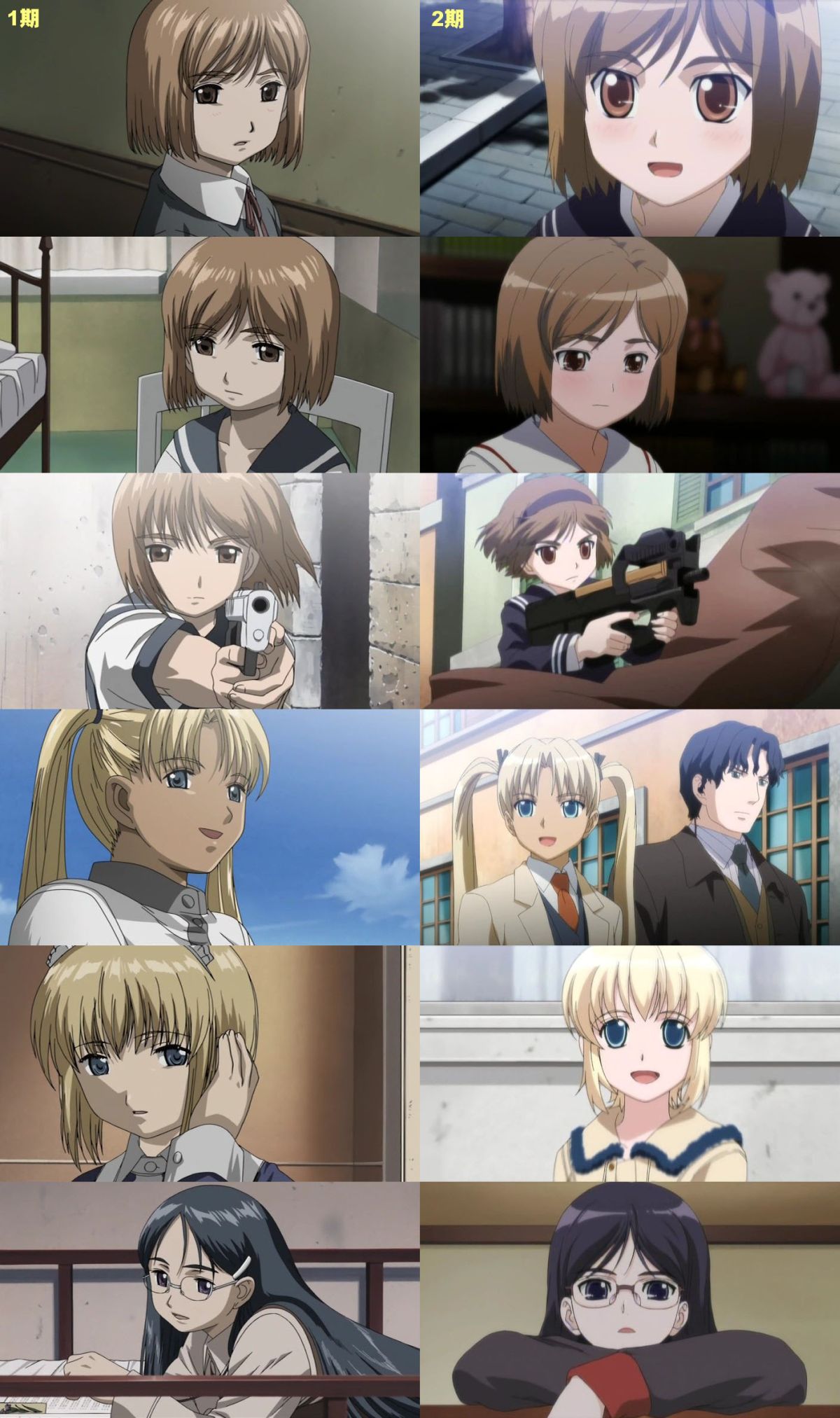 claes, henrietta (gunslinger girl), rico (gunslinger girl), triela, gunslinger girl, anime screenshot, highres, 00s, 1boy, 4girls, blonde hair, bob cut, bullpup, comparison, dark-skinned female, dark skin, formal clothes, gun, multiple girls, sad, school uniform, serafuku, suit, weapon