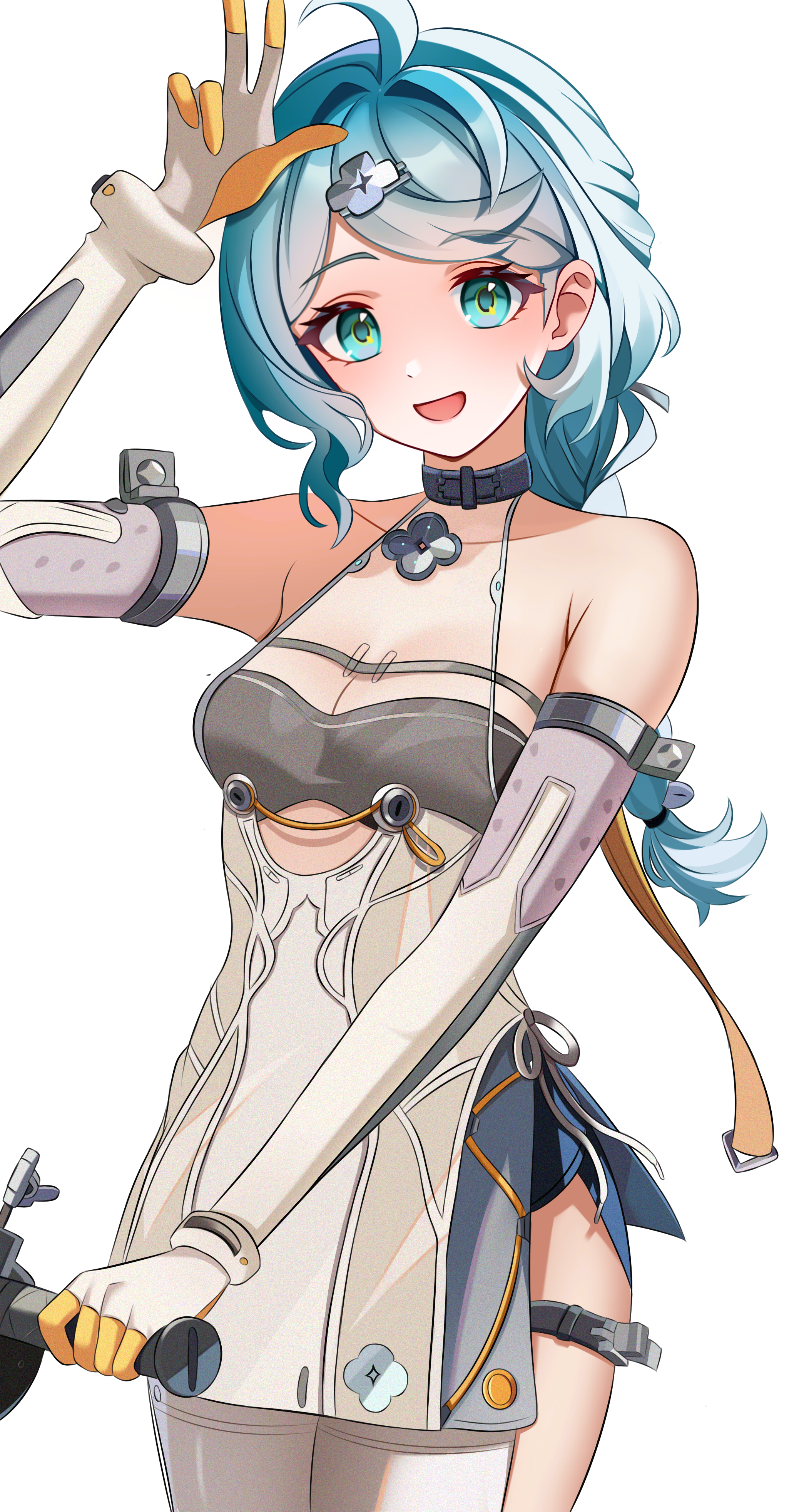 chijiandeyusang, seed (zenless zone zero), zenless zone zero, absurdres, highres, 1girl, :d, ahoge, arm up, armpit crease, bare shoulders, black choker, blue eyes, blue hair, breasts, choker, cleavage, clothing cutout, cowboy shot, cutout above navel, dress, elbow gloves, gloves, hair ornament, hairclip, long hair, looking at viewer, low-tied long hair, open mouth, see-through cleavage, see-through clothes, see-through dress layer, side slit, simple background, sleeveless, sleeveless dress, smile, solo, thigh cutout, w, w over head, white background, white dress