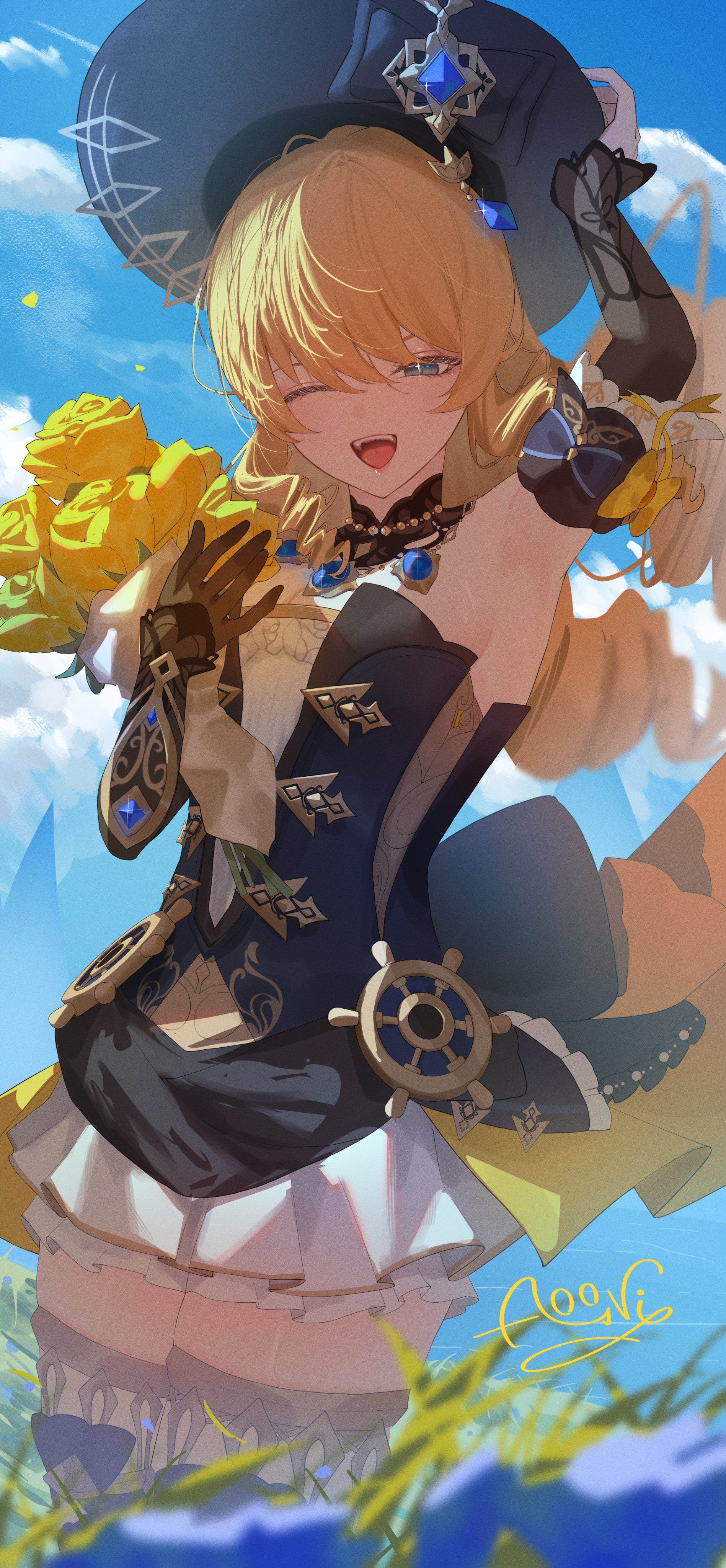 aooni 09, navia (genshin impact), genshin impact, absurdres, highres, 1girl, armpits, black dress, black gloves, black hat, blonde hair, blue eyes, blue sky, boots, bouquet, breasts, cleavage, cloud, detached sleeves, dress, flower, gloves, hat, holding, holding bouquet, long hair, long sleeves, looking at viewer, one eye closed, open mouth, outdoors, signature, single glove, sky, smile, solo, standing, teeth, thigh boots, tongue, upper teeth only, yellow flower