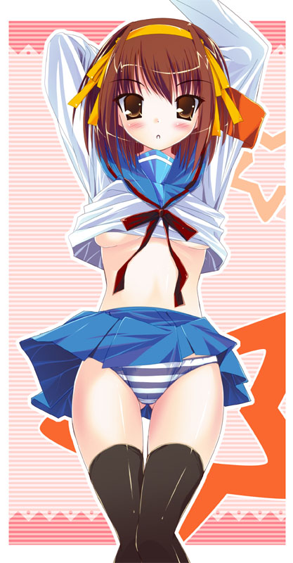 yuki usagi, suzumiya haruhi, suzumiya haruhi no yuuutsu, 00s, 1girl, breasts, female focus, lingerie, panties, pantyshot, small breasts, solo, standing, striped clothes, striped panties, thighhighs, underboob, underwear