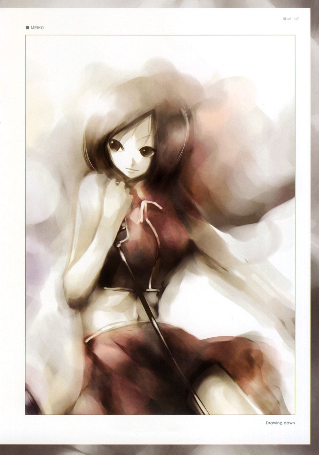 kei (keigarou), meiko (vocaloid), vocaloid, highres, 1girl, brown eyes, brown hair, female focus, midriff, short hair, skirt, solo