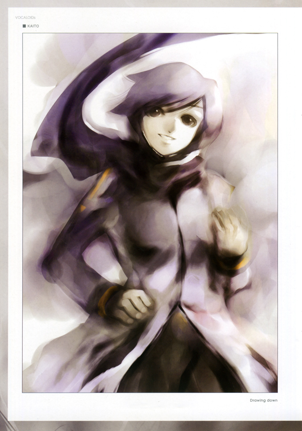 kei (keigarou), kaito (vocaloid), vocaloid, highres, 1boy, black eyes, blue hair, blue theme, male focus, scarf, smile, solo