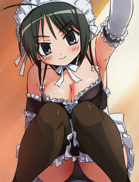 haruyama kazunori, sawatari izumi, kore ga watashi no goshujin-sama, 00s, 1girl, ahoge, apron, arm up, armpits, bare shoulders, black panties, black thighhighs, breasts, brown thighhighs, cleavage, detached collar, elbow gloves, facing viewer, feet out of frame, female focus, frilled thighhighs, frills, gloves, gradient background, green hair, knees together feet apart, looking at viewer, maid, maid headdress, medium breasts, nakabayashi yoshitaka's maid uniform, no bra, panties, pantyshot, short hair, simple background, sitting, smile, solo, squatting, thighhighs, underwear, waist apron, white gloves