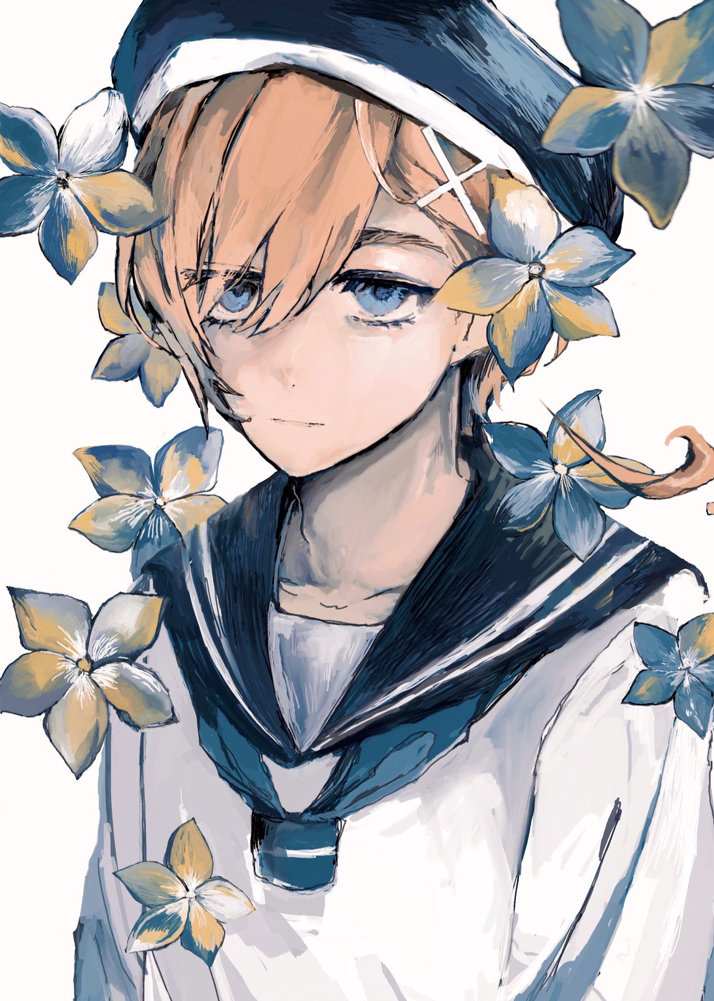 norway (hetalia), axis powers hetalia, highres, 1boy, blonde hair, blue eyes, blue sailor collar, cross hair ornament, falling flower, flower, hair between eyes, hair ornament, hairclip, hat, looking at viewer, male focus, military uniform, naval uniform, o 4o, sailor collar, shirt, short hair, simple background, solo, upper body, white background, white shirt
