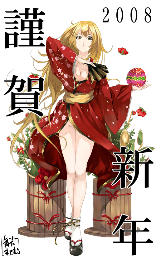 maimu, original, 1girl, blonde hair, female focus, floral print, floral print kimono, folding fan, hand fan, holding, holding fan, japanese clothes, kimono, no panties, okobo, platform sandals, print kimono, red kimono, sandals, solo, yukata